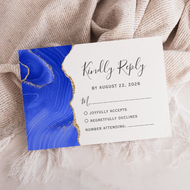 Modern Royal Blue Gold Watercolor Agate Wedding RSVP Card (Creator Uploaded)