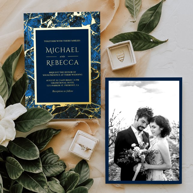 Modern Royal Blue Marble Photo Wedding Gold Foil Invitation (Creator Uploaded)