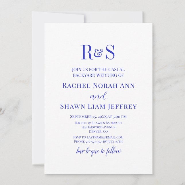 Modern Royal Blue Modern Monogram Backyard Wedding Invitation (Front)