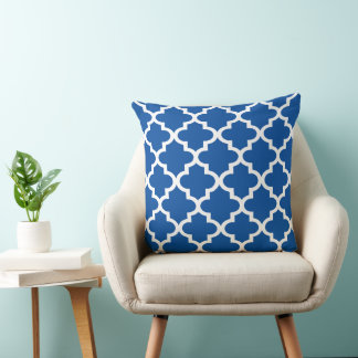 Modern Royal Blue Moroccan Quatrefoil Pattern Throw Pillow