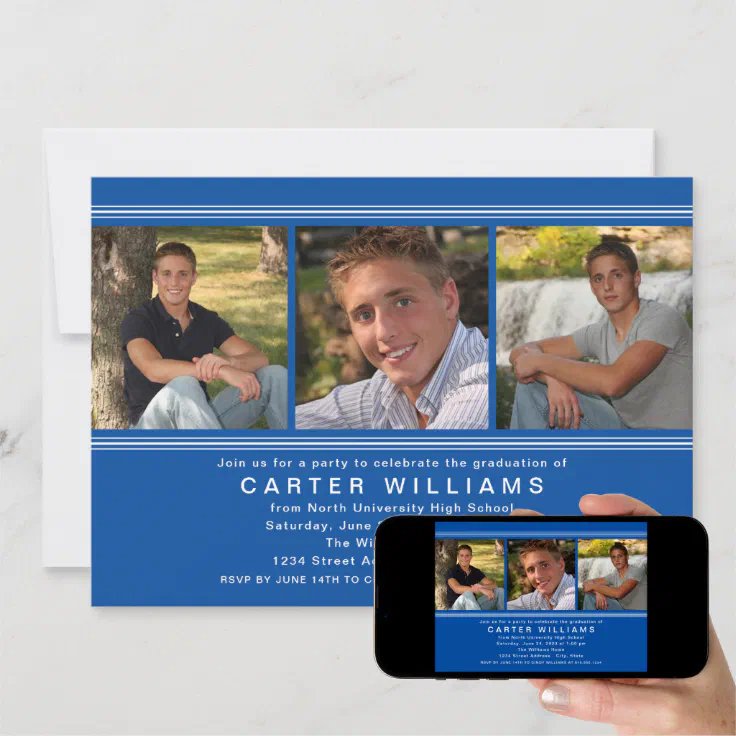 Modern Royal Blue Photo Collage Graduation Party Invitation Zazzle