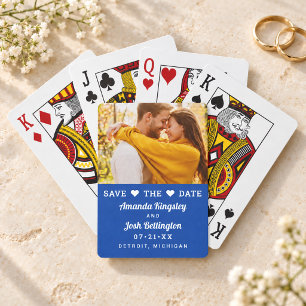 Modern Royal Blue Photo Heart Save the Date Poker Cards