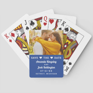 Modern Royal Blue Photo Heart Save the Date Poker Cards