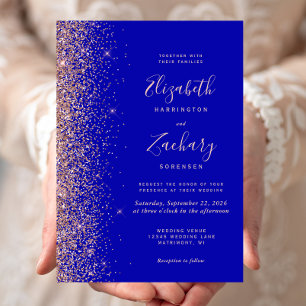Modern Royal Blue Rose Gold Glitter Edge Wedding Invitation