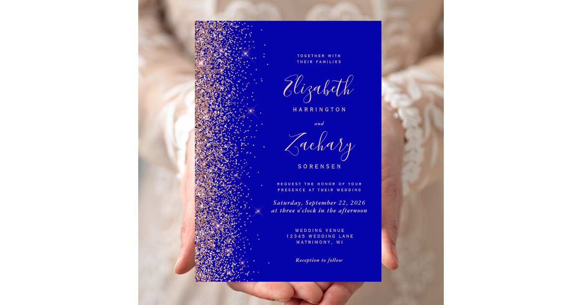 Modern Royal Blue Rose Gold Glitter Edge Wedding Invitation Zazzle
