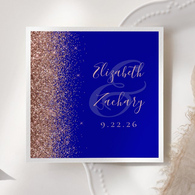 Modern Royal Blue Rose Gold Glitter Wedding Napkins (Creator Uploaded)