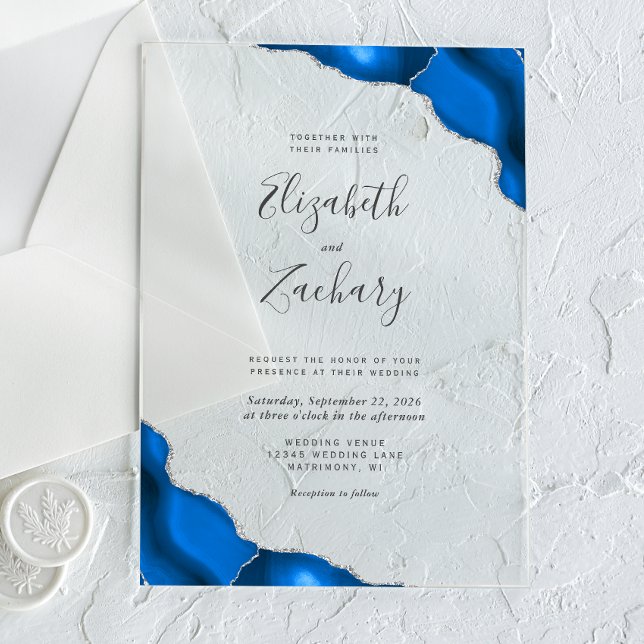 Modern Royal Blue Silver Agate Corners Wedding Acrylic Invitations (Creator Uploaded)