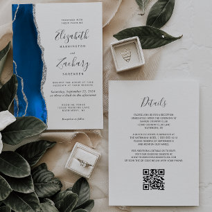 Modern Royal Blue Silver Agate QR Code Wedding Invitation