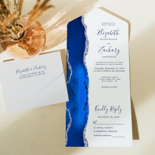 Modern Royal Blue Silver Agate Wedding All In One Invitation