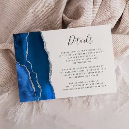 Modern Royal Blue Silver Agate Wedding Details Enclosure Card