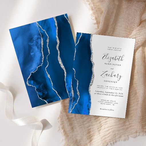 Modern Royal Blue Silver Agate Wedding Invitation | Zazzle