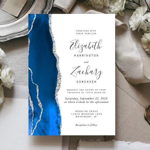 Modern Royal Blue Silver Agate Wedding Invitation