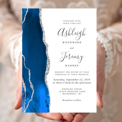 Modern Royal Blue Silver Agate Wedding Invitation