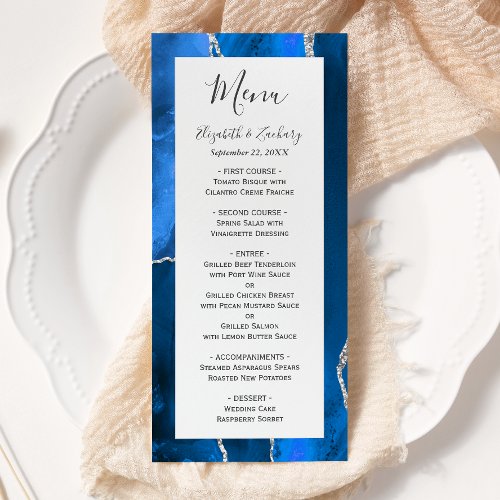 Modern Royal Blue Silver Agate Wedding Menu