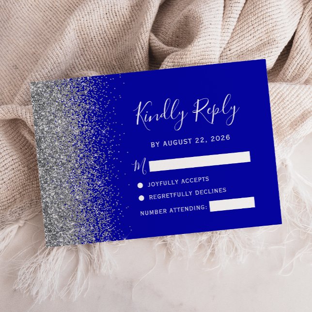 Modern Royal Blue Silver Faux Glitter Edge RSVP Card (Creator Uploaded)