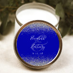 Modern Royal Blue Silver Glitter Edge Wedding Classic Round Sticker<br><div class="desc">This elegant modern wedding sticker features a faux silver glitter design on the top and bottom edge. Easily customize the white text on a royal blue background,  with the names of the bride and groom in handwriting calligraphy over a large ampersand.</div>