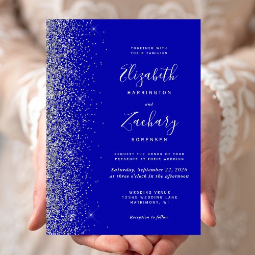 Modern Royal Blue Silver Glitter Edge Wedding Invitation
