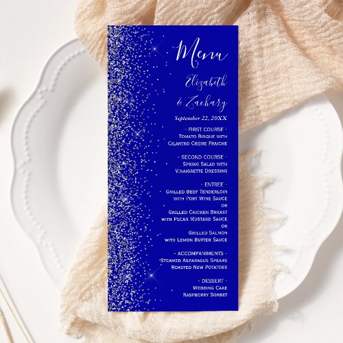 Modern Royal Blue Silver Glitter Edge Wedding Menu