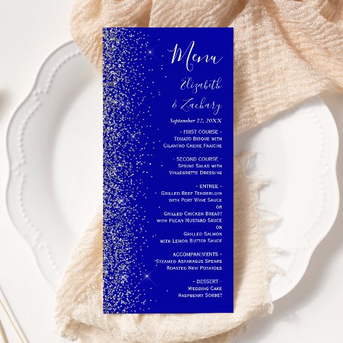 Modern Royal Blue Silver Glitter Edge Wedding Menu