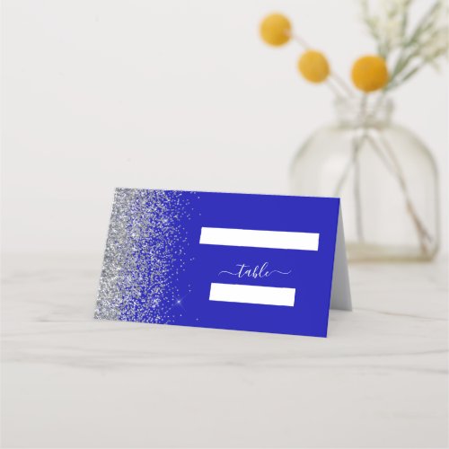 Modern Royal Blue Silver Glitter Edge Wedding Place Card