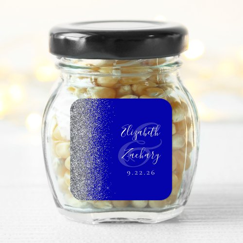 Modern Royal Blue Silver Glitter Edge Wedding Square Sticker