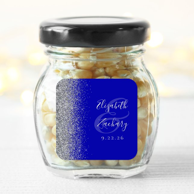 Modern Royal Blue Silver Glitter Edge Wedding Square Sticker (Creator Uploaded)