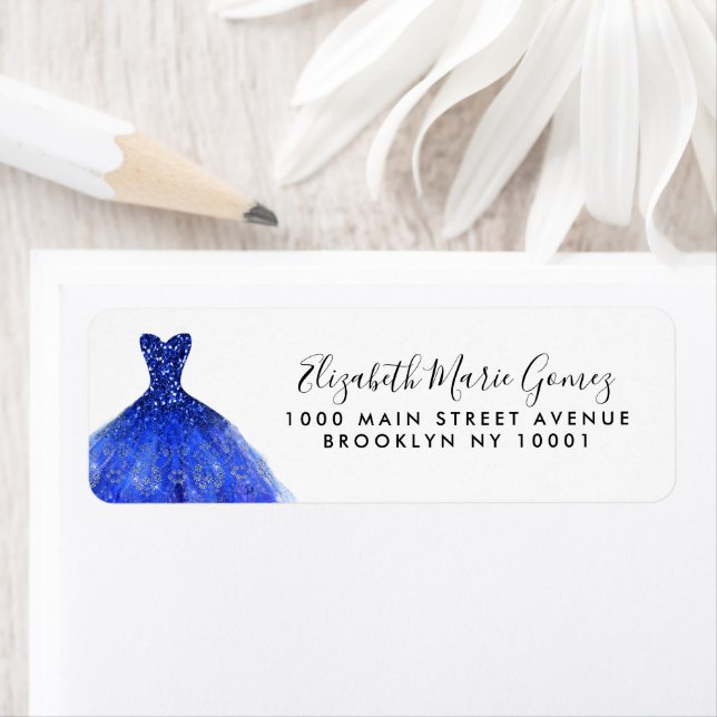 Modern Royal Blue Silver Glitter Gown Quinceanera Label (Insitu)