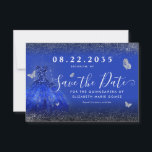 Modern Royal Blue Silver Glitter Gown Quinceanera Save The Date<br><div class="desc">Modern Royal Blue Navy Blue Silver Gray Princess Gown Dress Glitter Sparkle Butterfly 15th Birthday Quinceanera Save the Date Invitation</div>
