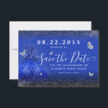 Modern Royal Blue Silver Glitter Gown Quinceanera Save The Date<br><div class="desc">Modern Royal Blue Navy Blue Silver Gray Princess Gown Dress Glitter Sparkle Butterfly 15th Birthday Quinceanera Save the Date Invitation</div>
