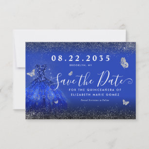 Modern Royal Blue Silver Glitter Gown Quinceanera Save The Date