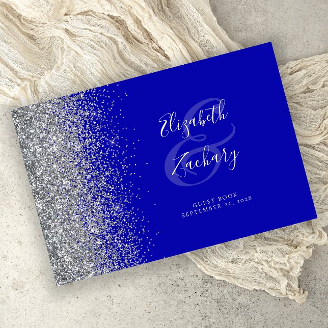 Modern Royal Blue Silver Glitter Script Guest Book (Creator Uploaded)