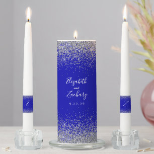Modern Royal Blue Silver Glitter Unity Candle Set