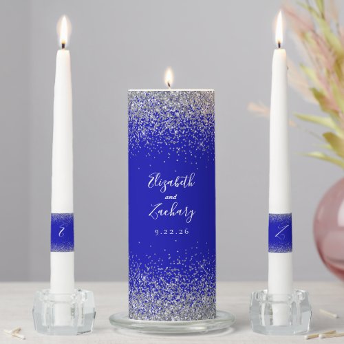 Modern Royal Blue Silver Glitter Unity Candle Set