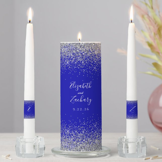 Modern Royal Blue Silver Glitter Unity Candle Set (In Situ)