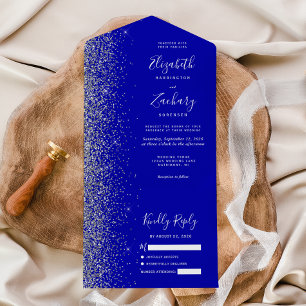 Modern Royal Blue Silver Glitter Wedding All In One Invitation