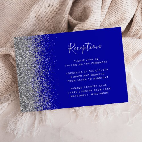 Modern Royal Blue Silver Glitter Wedding Reception Enclosure Card