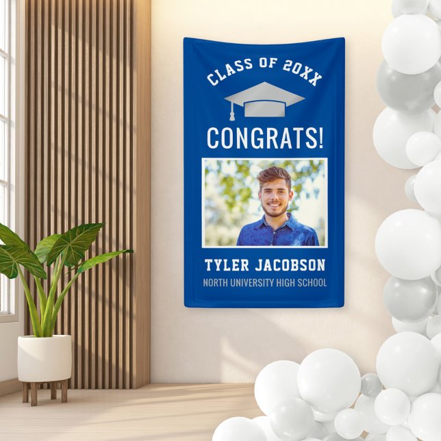 Modern Royal Blue Silver Photo Graduation Party Banner (Creator Uploaded)