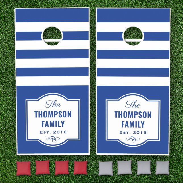 Modern Royal Blue Stripe Family Monogram Cornhole Set (Creator Uploaded)