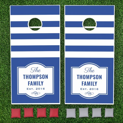 Modern Royal Blue Stripes Custom Family Monogram Cornhole Set