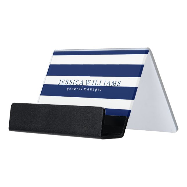 Modern Royal-Blue Stripes Over White Desk Business Card Holder (Angled Front)