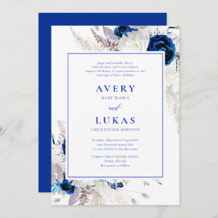 Modern Royal Blue & White Flowers Wedding Invitation