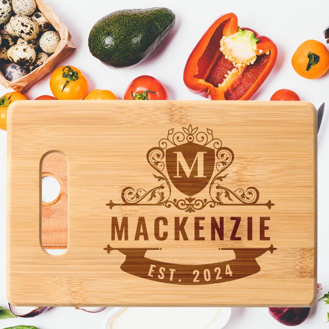 Modern Royal Crest Sign Funny Monogram Family Name Engraved Cutting Board (Creator Uploaded)