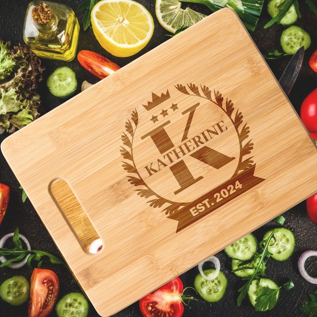 Modern Royal Crown Crest Sign Monogram Family Name Engraved Cutting Board (Creator Uploaded)