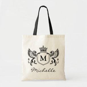 Modern Royal Crown Emblem Lions Monogram Script Tote Bag