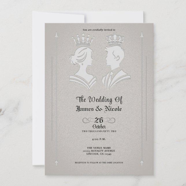 Modern Royal King & Queen Grey Wedding Invitation (Front)