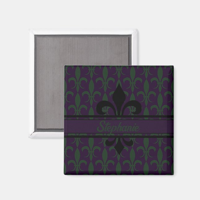 Modern Royal Purple Fleur-de-lis pattern Monogram Magnet (Front/Back)