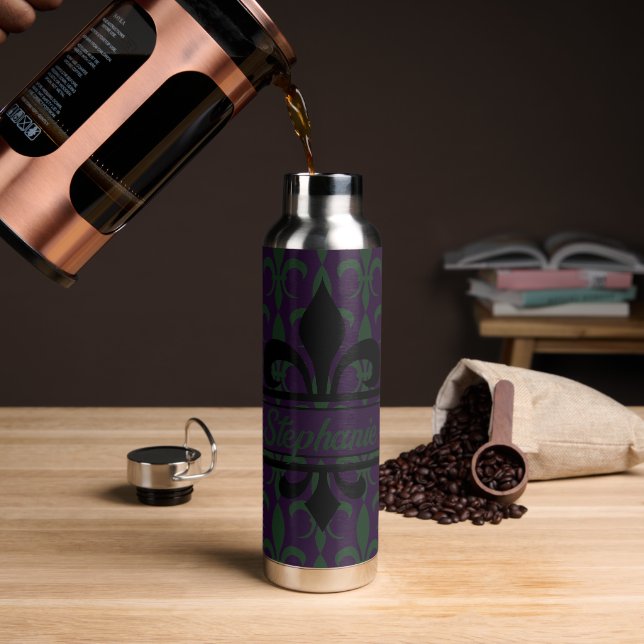 Modern Royal Purple Fleur-de-lis pattern Monogram Water Bottle (Coffee)