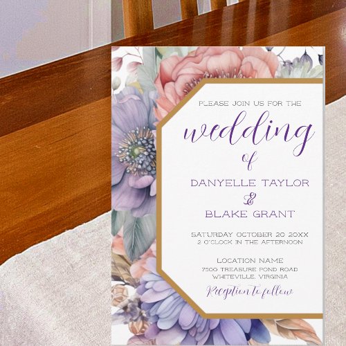 Modern Royal Purple Floral Geometric Boho Wedding Invitation