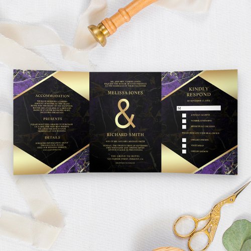 Modern Royal Purple Gold Marble Ampersand Wedding Tri_Fold Invitation