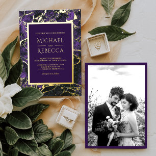 Modern Royal Purple Marble Photo Wedding Gold Foil Invitation